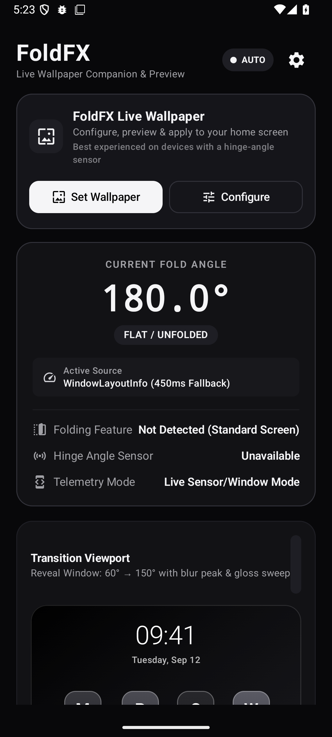 FoldFX app home screen showing the current fold angle, active source and live wallpaper options