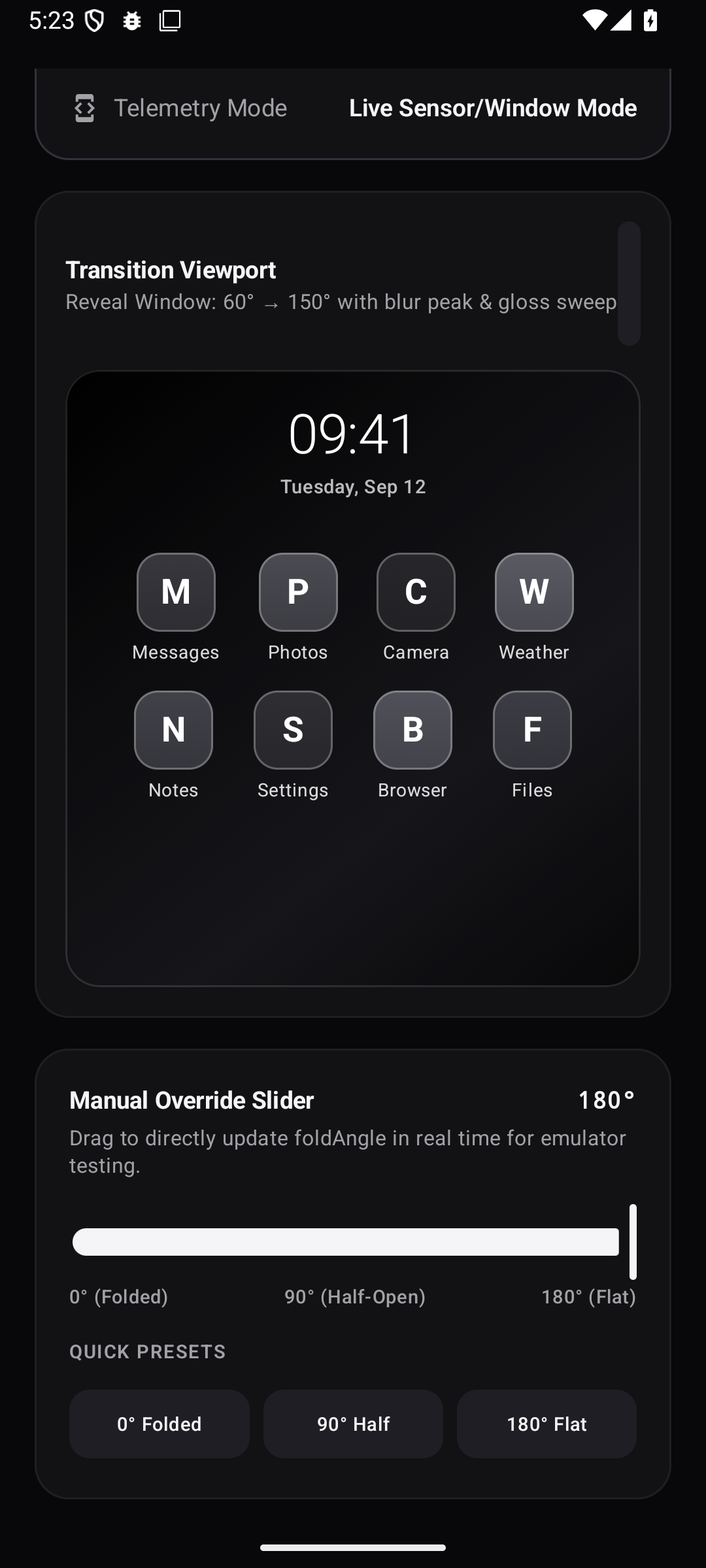 FoldFX transition viewport showing a simulated launcher with the manual override slider from 0 to 180 degrees