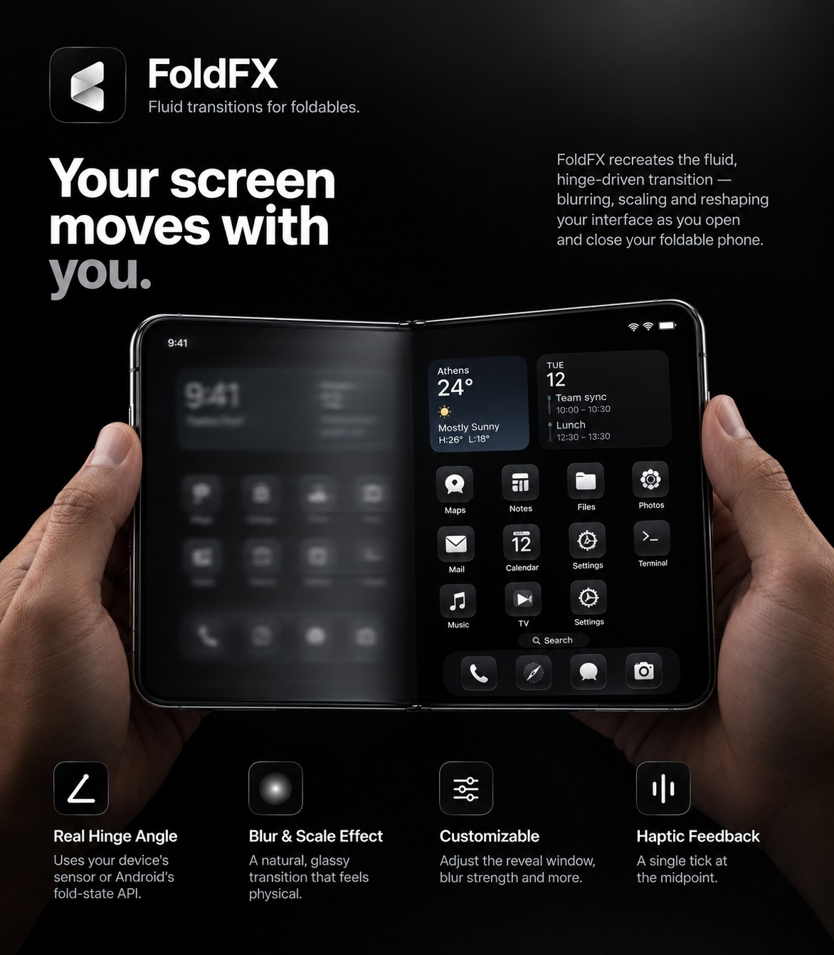 Marketing render of hands holding a half-open foldable while the cover screen blurs into the main display